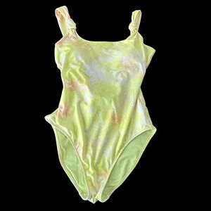 Aerie‎ Small Yellow Green Tie Dye Knotted One Piece Swimsuit Full Coverage Scoop